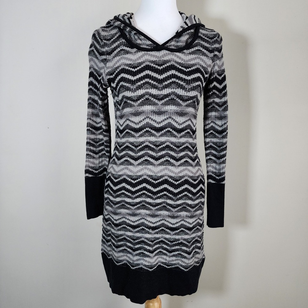 Prana Sweater Dress Womens XS Black Gray Chevron Hooded Long Sleeve Knit Mini